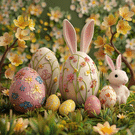 Oeufs fleuris et lapin dans le jardin de P&acirc;ques